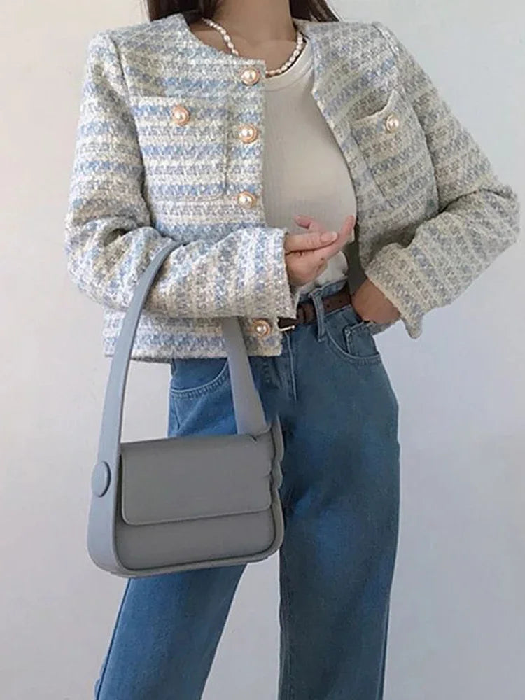 Winter Women Elegant Tweed Cardigan Short Coat