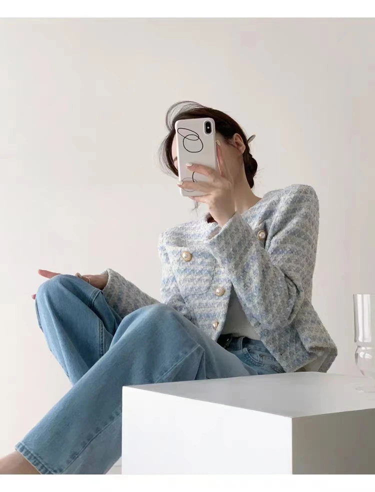 Winter Women Elegant Tweed Cardigan Short Coat
