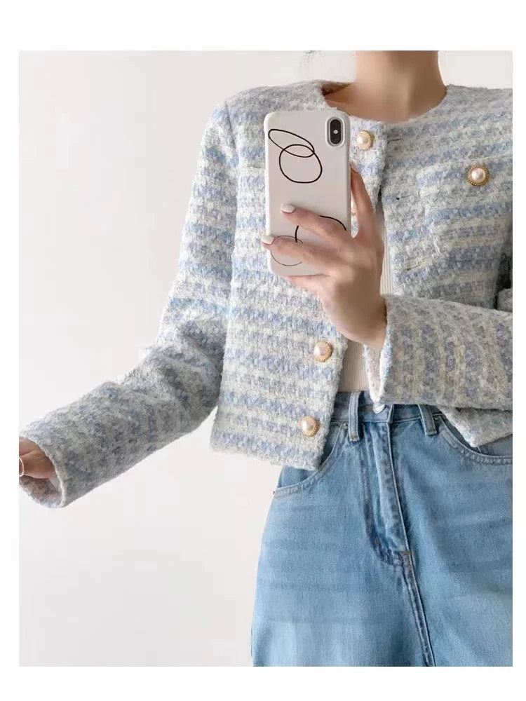 Winter Women Elegant Tweed Cardigan Short Coat