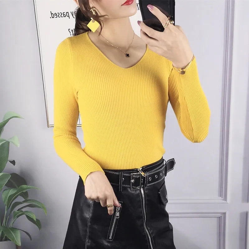 Winter Women Solid Rib Knit V Neck Stripe Pull Sweater