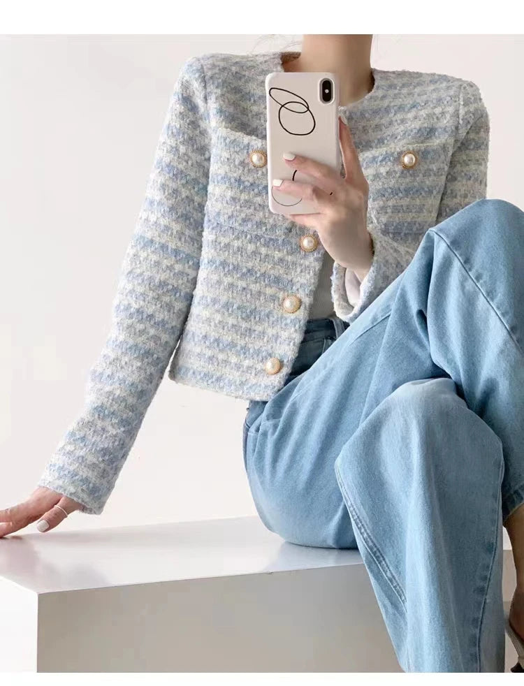 Winter Women Elegant Tweed Cardigan Short Coat