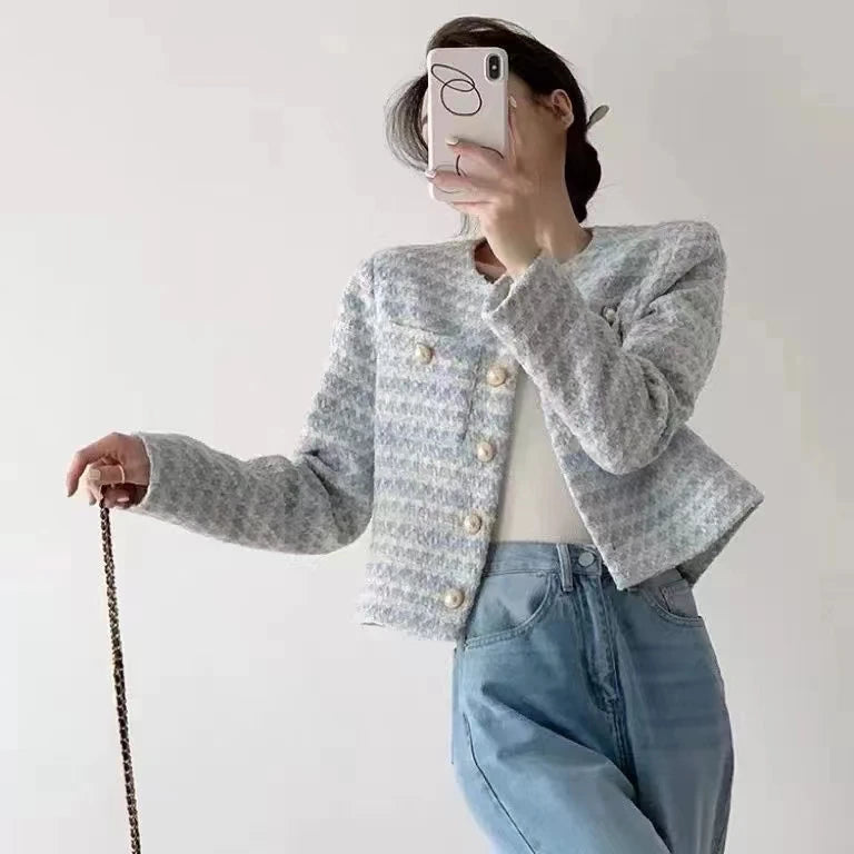 Winter Women Elegant Tweed Cardigan Short Coat
