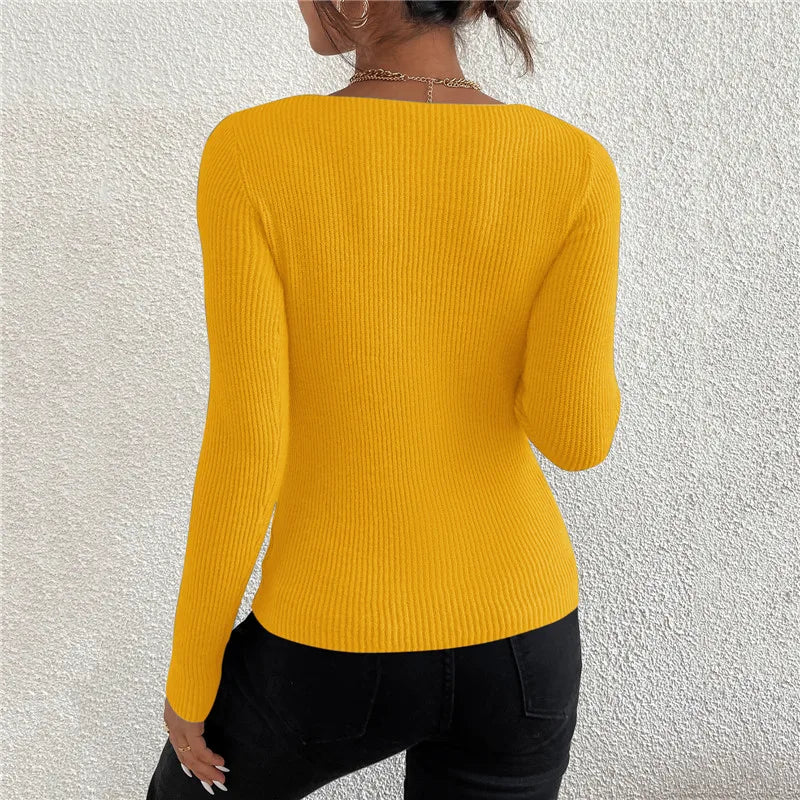Winter Women Solid Rib Knit V Neck Stripe Pull Sweater