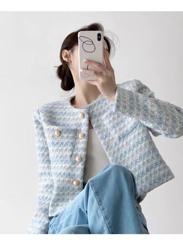 Winter Women Elegant Tweed Cardigan Short Coat