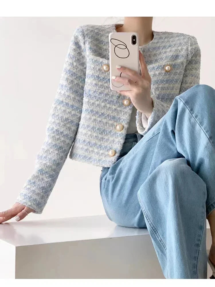 Winter Women Elegant Tweed Cardigan Short Coat