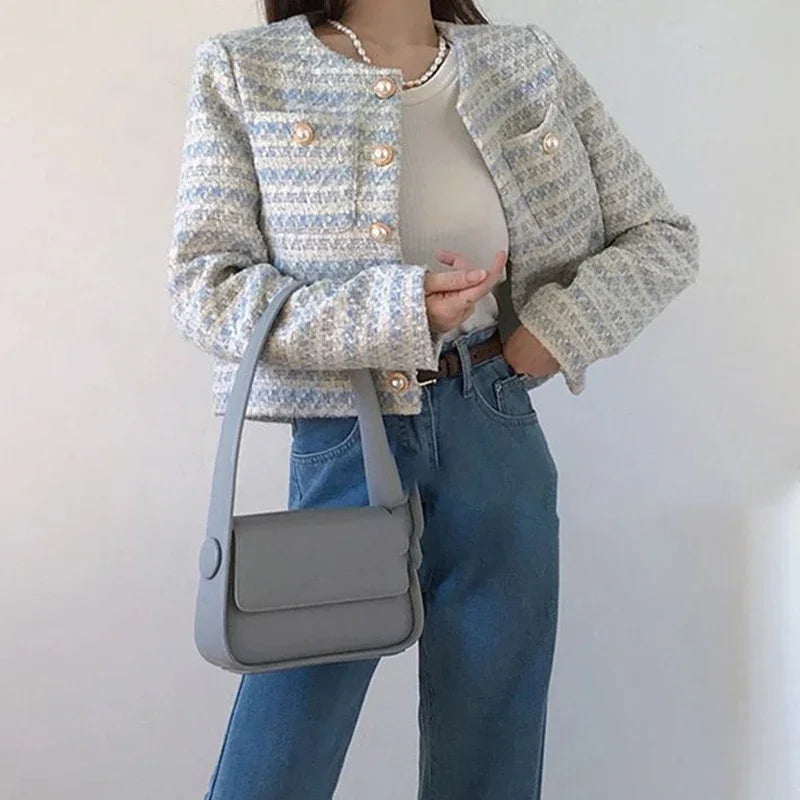 Winter Women Elegant Tweed Cardigan Short Coat