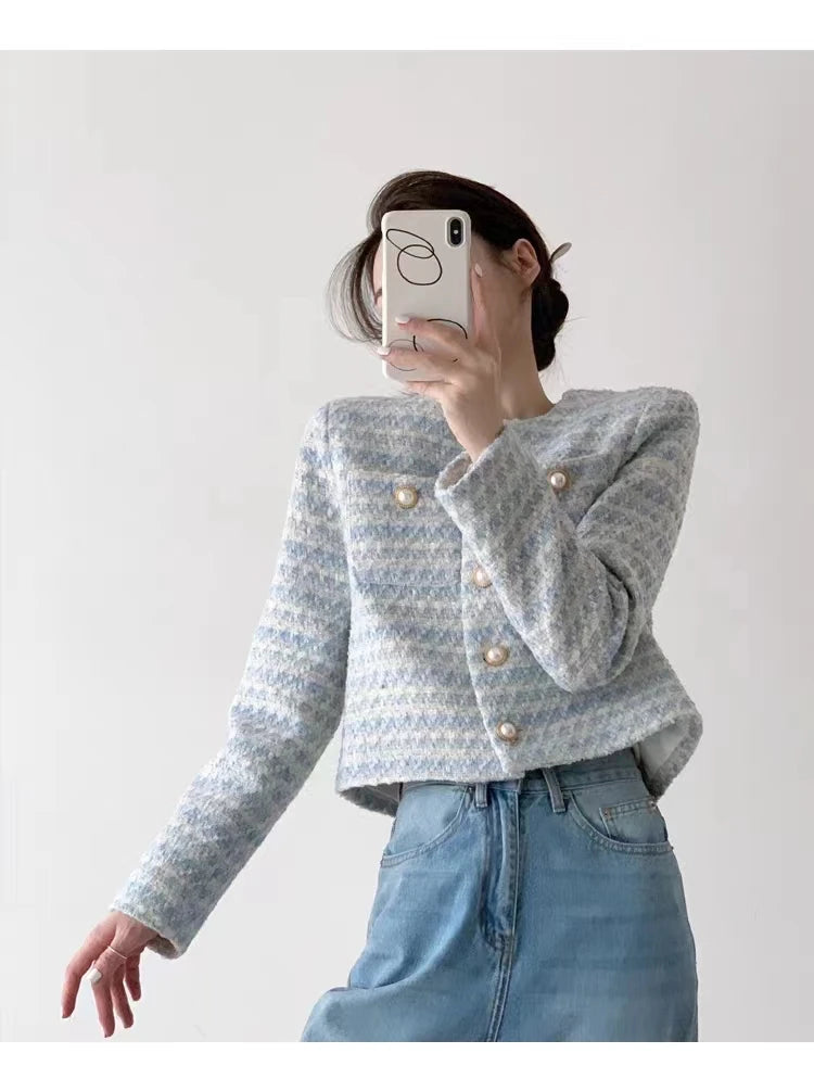 Winter Women Elegant Tweed Cardigan Short Coat