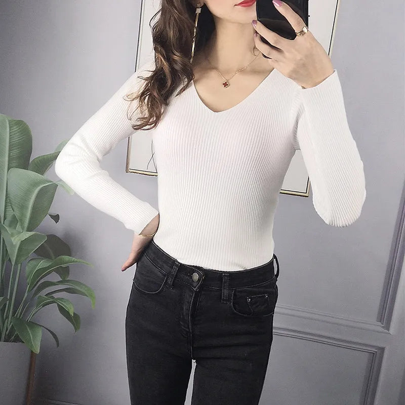 Winter Women Solid Rib Knit V Neck Stripe Pull Sweater