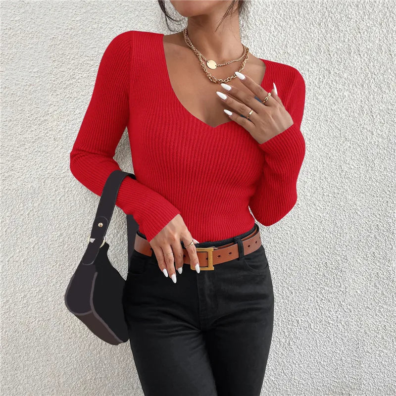 Winter Women Solid Rib Knit V Neck Stripe Pull Sweater
