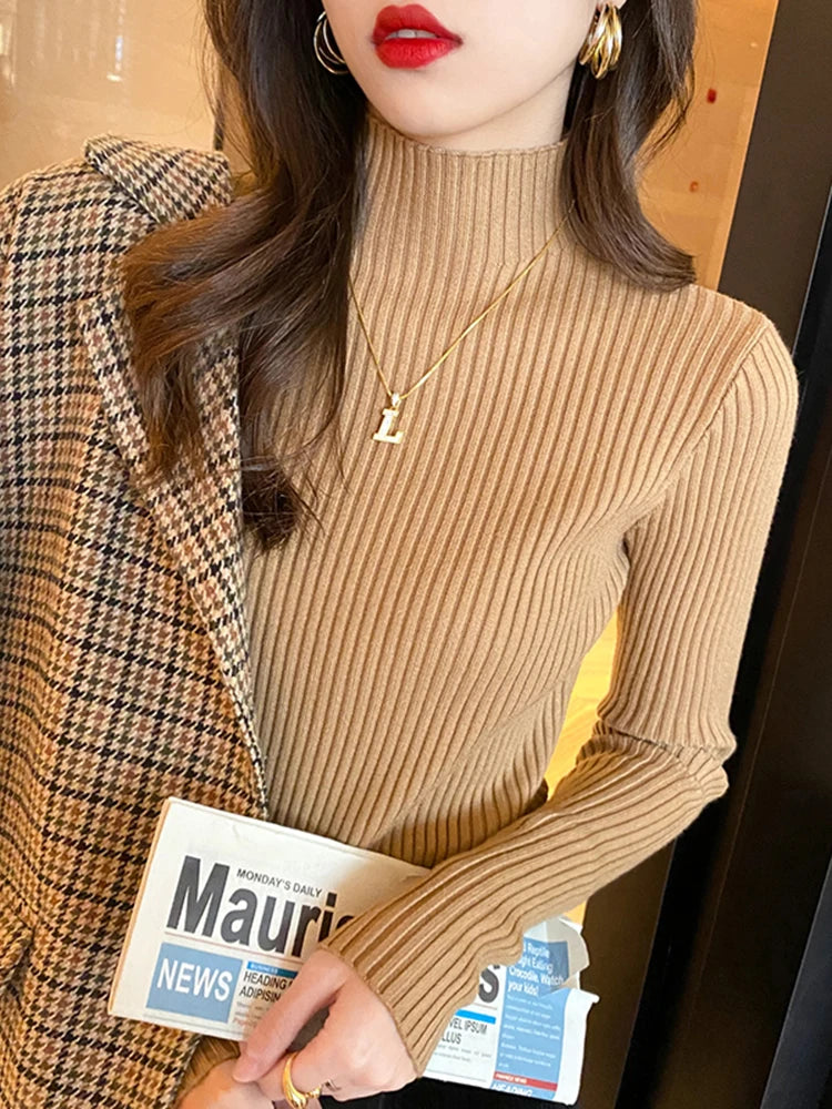 Elegant Solid Basic Knitted Tops Women Sweater